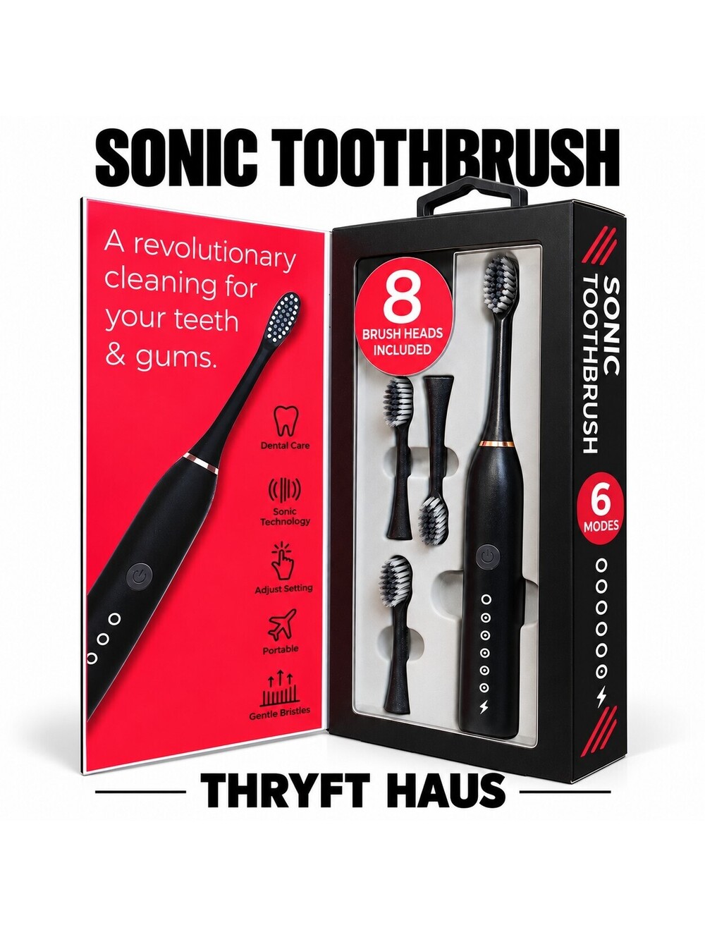 RBX Sonic Toothbrush with 8 Brush Heads - 6 Cleaning Modes, USB Rechargeable
